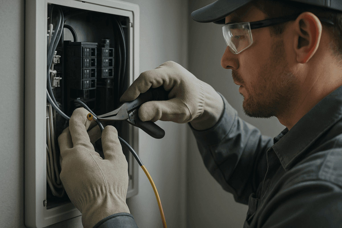 Close-up of electrician's gloved hands connecting wires inside a modern home electrical panel
