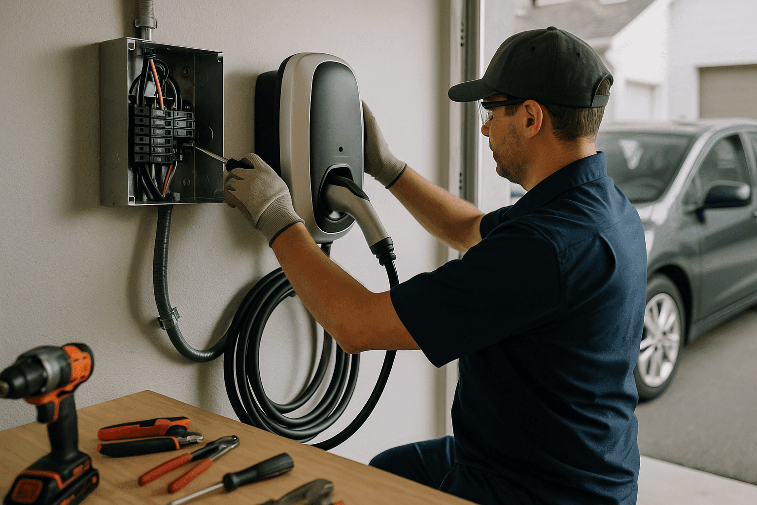 Electrician installing an EV charger in a home garage