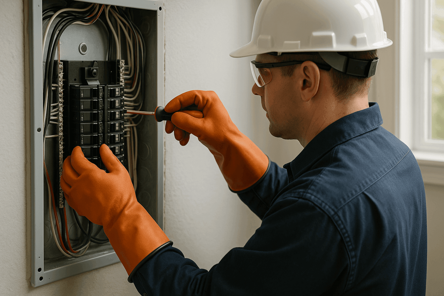 Electrician upgrading residential electrical panel with tools