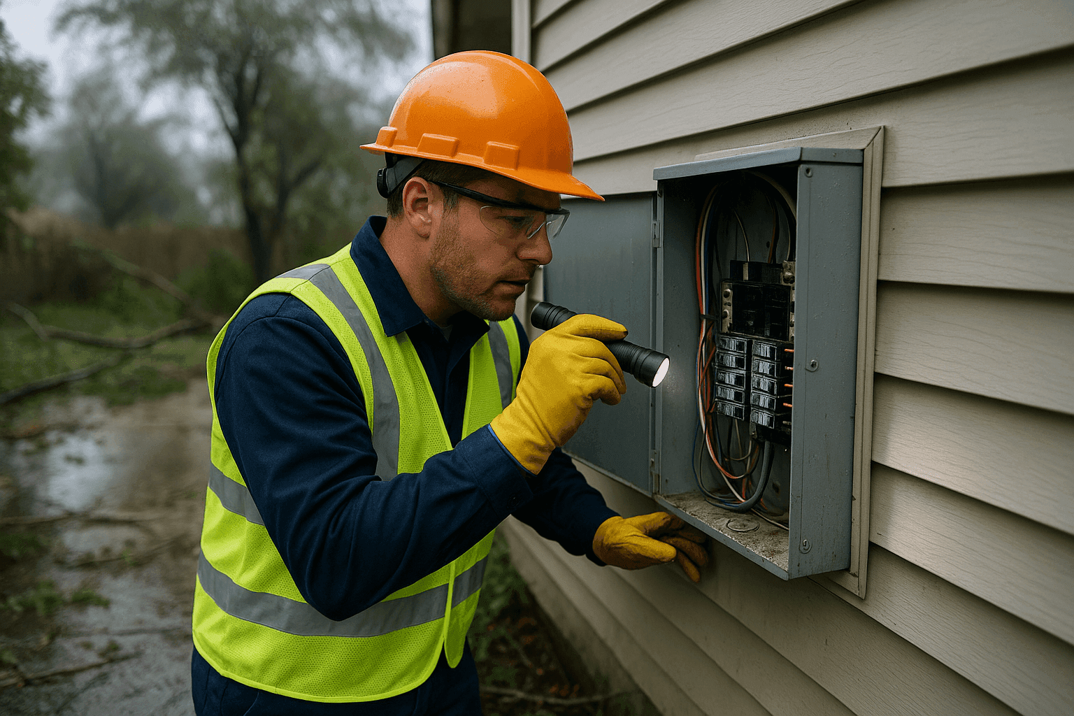 Electrician inspecting home electrical system after storm damage