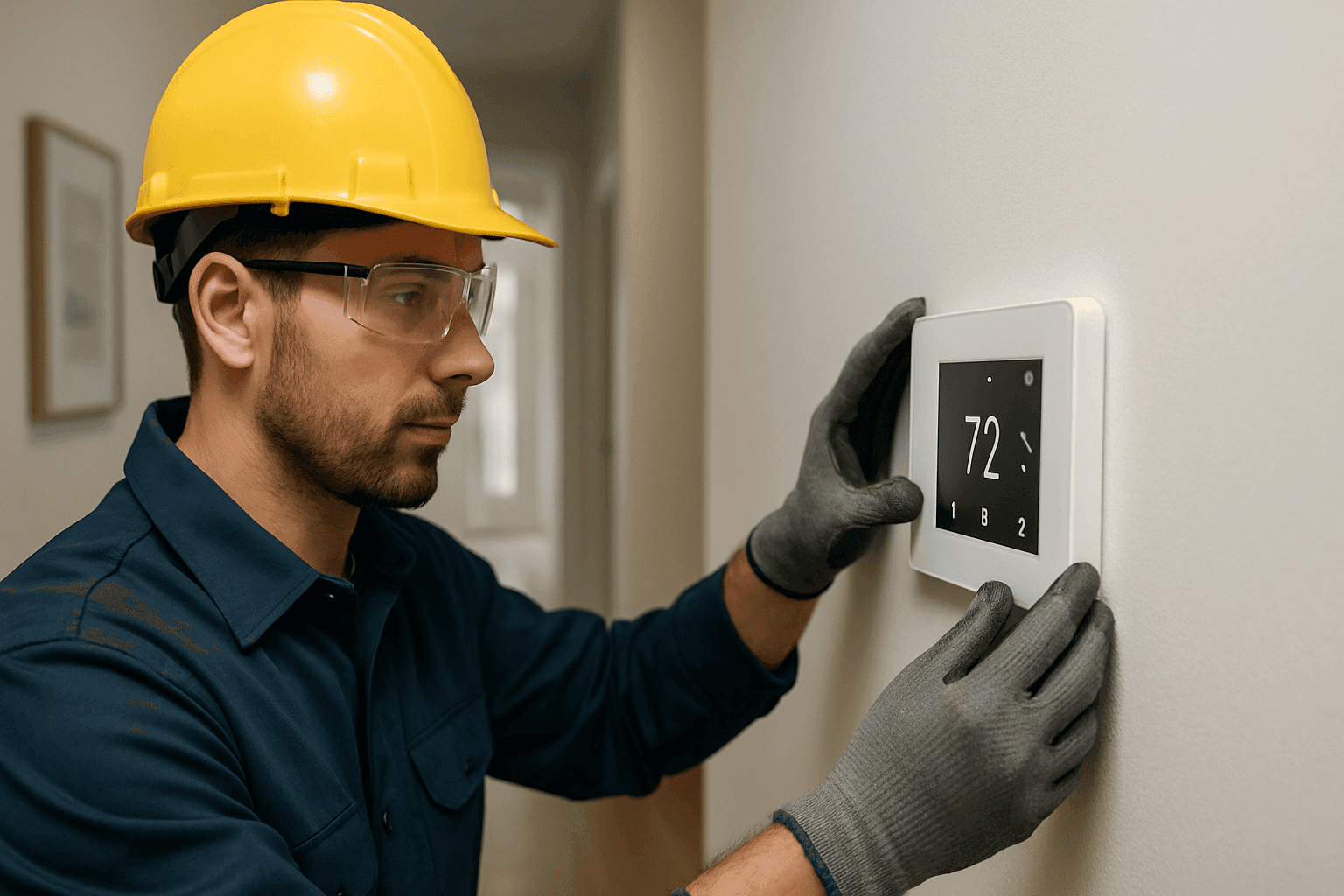 Electrician installing smart home automation system in hallway
