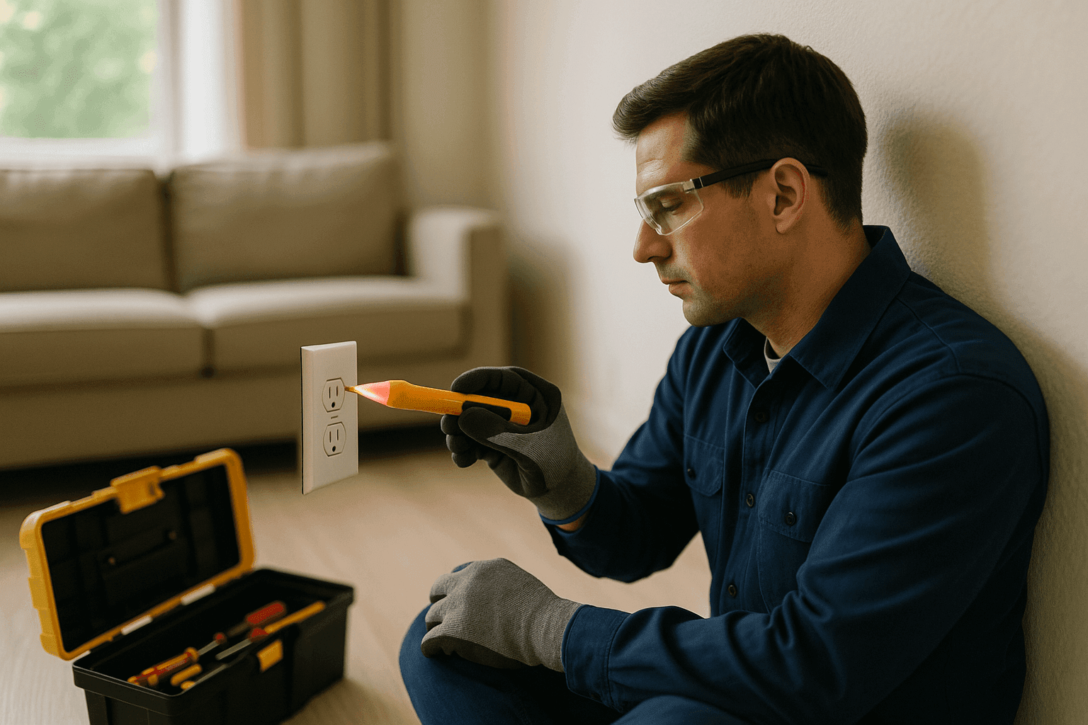 Homeowner testing electrical outlet with voltage tester during safety inspection