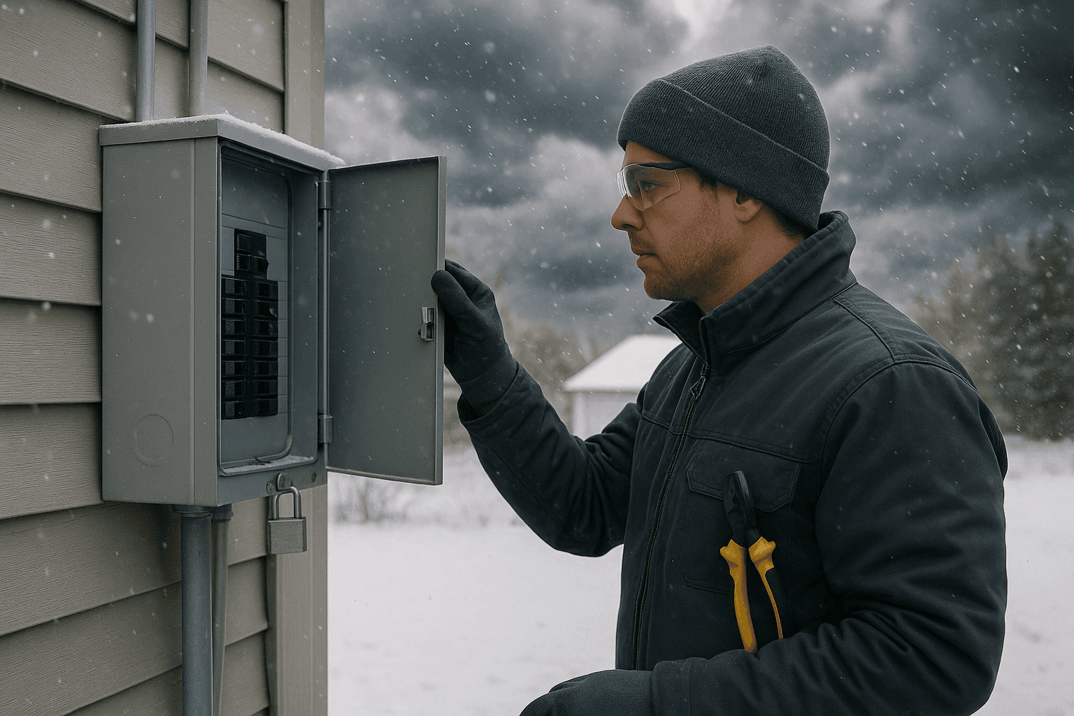 Homeowner checking electrical panel outdoors in winter storm conditions